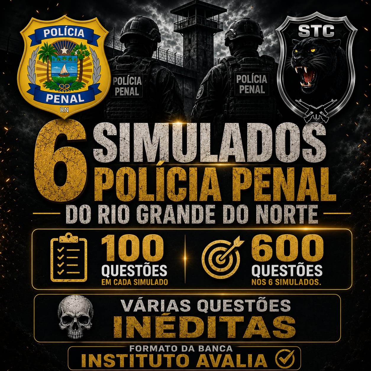 6 (SEIS) SIMULADOS PARA PPRN, CARGO POLICIAL PENAL, COM VÁRIAS QUESTÕES INÉDITAS FORMATO BANCA INSTITUTO AVALIA