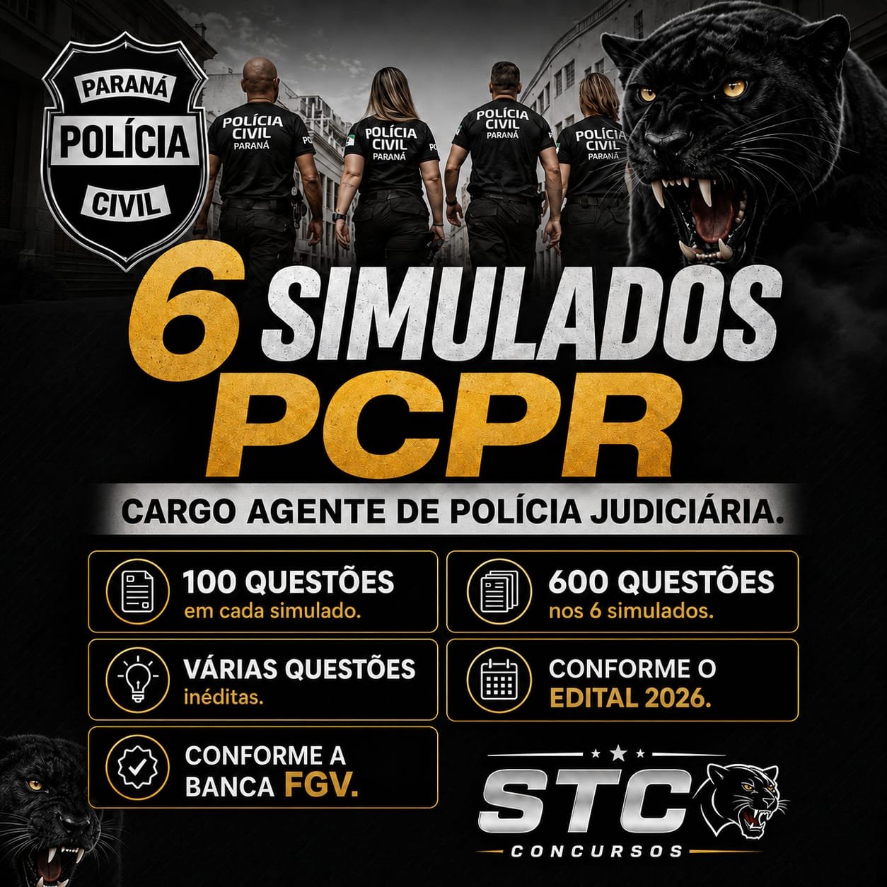 6 (SEIS) SIMULADOS PARA PCPR, CARGO AGENTE DE POLÍCIA JUDICIÁRIA COM VÁRIAS QUESTÕES INÉDITAS FORMATO BANCA FGV.
