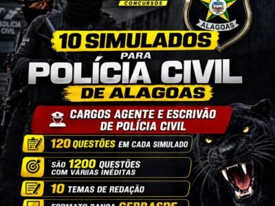 10 (DEZ) SIMULADOS PARA PCAL, CARGOS AGENTE E ESCRIVÃO DE POLÍCIA COM VÁRIAS QUESTÕES INÉDITAS FORMATO BANCA CEBRASPE.